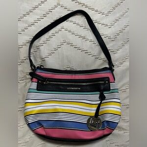 Liz Claiborne Y2K Era Striped Shoulder Bag | Early 2010s Logo Charm Purse